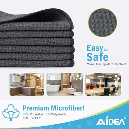 AIDEA Gray Microfiber Cleaning Cloth-12PK, Cleaning Rags 12"x 12" Absorbent - color: Grey, size: 12in.x12in.