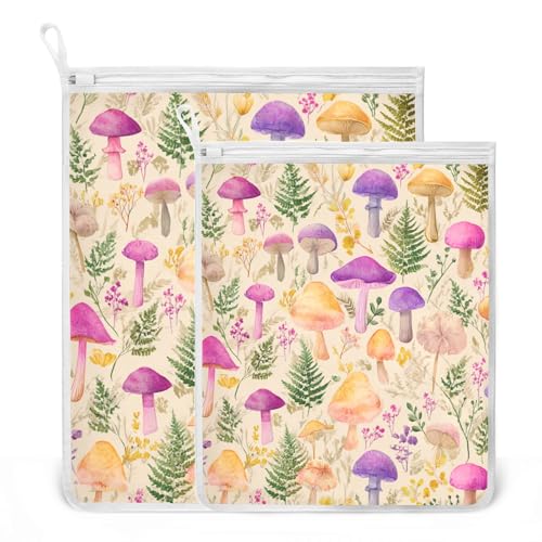 Mesh Laundry Bags Lingerie Bags for Washing Delicates 2 PCS Durable Wash Bag with Zipper Small and Medium Washable Mushroom Colorful Pattern - color: Mushroom Leaves Pink Green
