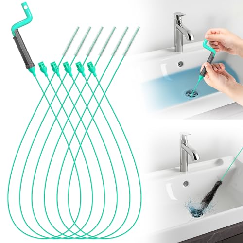 40inch Bathroom Drain Hair Remover Tool with Rotating Handle, Reinforced Steel Core Drain Snake Cleaner for Shower, Bathtub and Bathroom Sink, Flexible Hair Clog Removal Tool for Narrow Drains(6PCS)