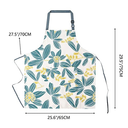 2 Pack Floral Apron for Women with Pockets, Adjustable Cotton Chef Aprons for Kitchen, Cooking, BBQ & Grill - color: Turquoise/Leaf