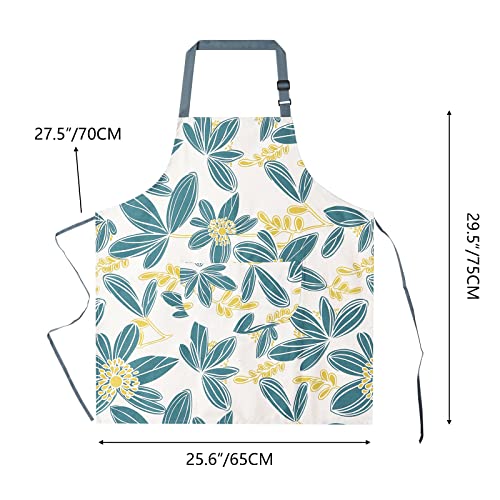2 Pack Floral Apron for Women with Pockets, Adjustable Cotton Chef Aprons for Kitchen, Cooking, BBQ & Grill - color: Turquoise/Leaf