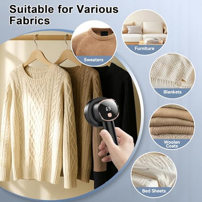 Rechargeable Fabric Shaver, 6-Leaf Blades, LED Display, 3 Speeds - color: Black