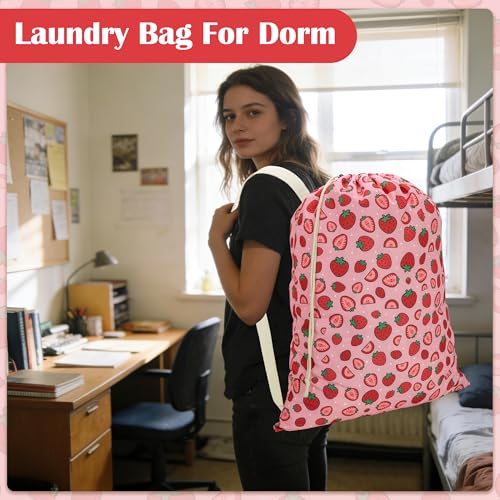 Canvas Laundry Bag with Shoulder Strap Drawstring, Strawberry, 23"W x 29"H - color: Strawberry