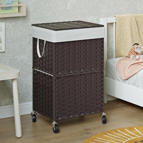 Chrislley Wicker Laundry Basket with Wheels,Rolling Laundry Hamper with Lid - color: Brown