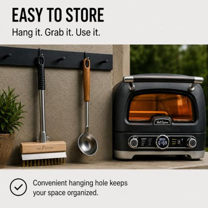 VAL CUCINA Pizza Oven Brush with Scraper, Duty Pizza Stone Brush and Cleaning Tool, Long Stainless Steel Handle Pizza Stone Scraper, Wire Bristle Pizza Brush for Pizza Oven Cleaning