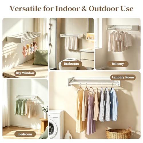 Wall Mounted Foldable Clothes Drying Rack Carbon Steel 5 Rods, Space-Saving Laundry Drying Rack with Wall Template (1, White, 31.5") - color: White, size: 31.5"