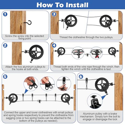 150ft Black Clothesline Pulley Kit with Aluminum Brake Pulleys - size: 150FT Black