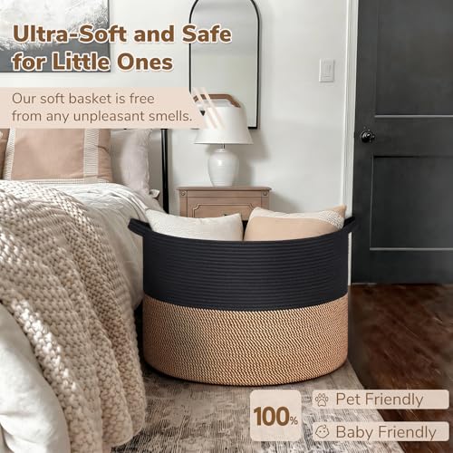 INDRESSME 115L Extra Large Woven Rope Blanket Basket Living Room, Mix Black - color: Black & Mix Camel, size: 23.6"D x 15.7"H