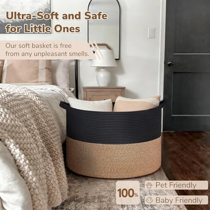 INDRESSME 115L Extra Large Woven Rope Blanket Basket Living Room, Mix Black - color: Black & Mix Camel, size: 23.6"D x 15.7"H