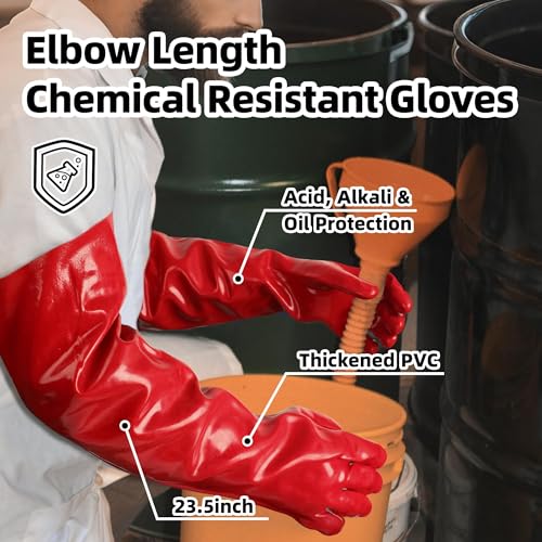 Schwer 23.5" PVC Chemical Resistant Gloves, Heavy Duty Waterproof Work Gloves Resist 212°F Boiling Water, Steam, Acid, Alkali & Oil, Long Glove for Cleaning, Dishwashing and Industrial Work, PR611