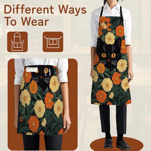 Cooking Aprons for Men and Women,Adjustable Bib Chef Apron with 2 Pockets, Soft and Durability Kitchen Apron - color: Black Cat Flowers
