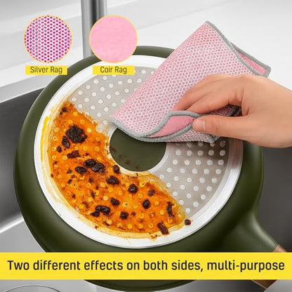 NEW 2026 | Non Scratch Wire Dishcloth | Metal Cleaning Rag for Kitchen Cookware | Silver Mesh Dishcloth | Double Sided | Metal & Coconut Fiber Scrubbers | 10 pcs Colorful Cloth - color: Orange, Pink, Green