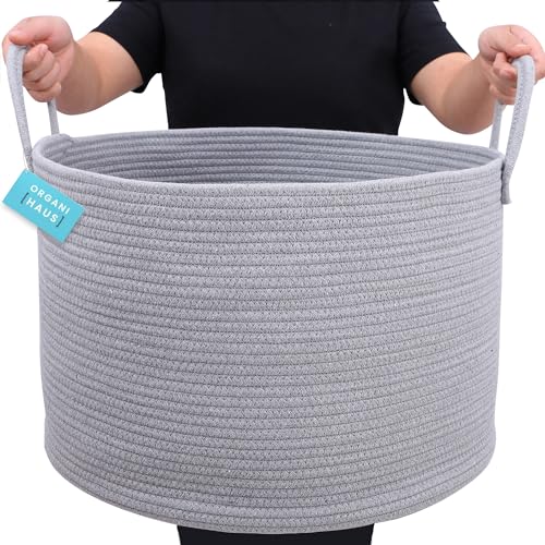 OrganiHaus Round Toy Basket & Blanket Basket, Cotton Rope 20x13" - color: Full Gray, size: Wide