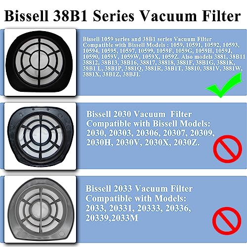 6 Pack 2037423 Filter Compatible with Bissell 3-in-1 Lightweight Stick Vac 38B1, 38B1L, 1059 Series, Compare to Part# 2037423 & 2037424 (6 Pack Vacuum Filter & 8 Pack Foam Filter) - size: 6 Filters with 8 Foam Filters
