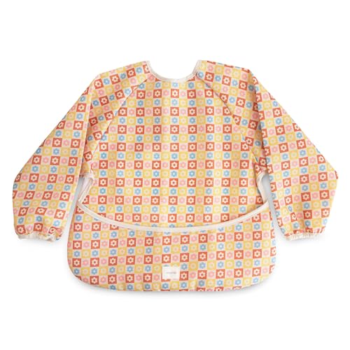 mushie Long Sleeve Baby Bib | Water Resistant Adjustable Fit - color: Happy Flowers Check