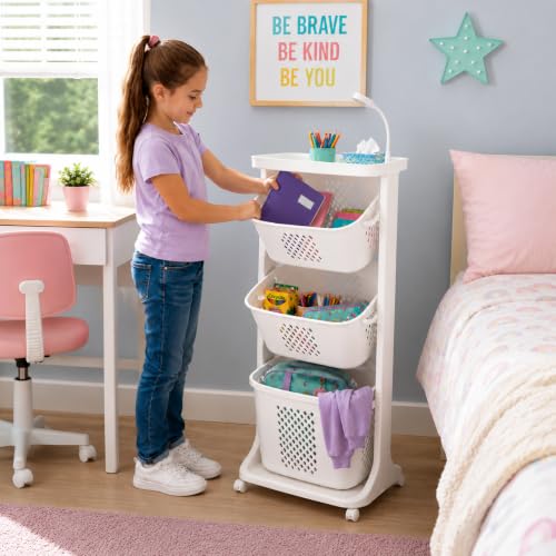 Japard 18 Gal Rolling Laundry Hamper Ultra Slim, Vertical 3 Sorter Cart with Wheels and Breaks, 3-tier Baskets Detachable for Dorm, Closet, Easy Assembly White Gray