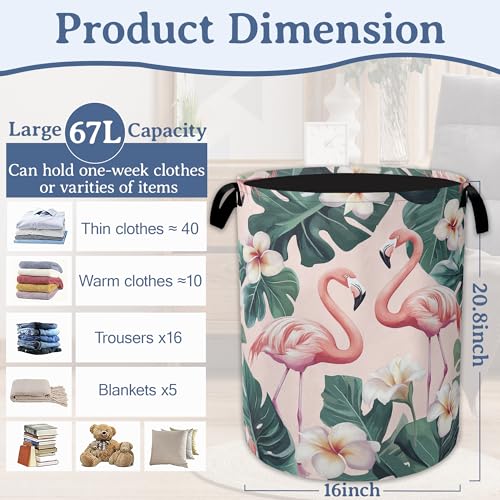 Pink Flamingo Laundry Basket,Foldable Waterproof Oxford Cloth Tote Bag Palm Leaf Laundry Hamper with Handles,20.8"x16" Clothes Storage Bucket Organizer for Laundry Room, Bathroom, Bedroom - color: Pink Flamingo Palm Leaf