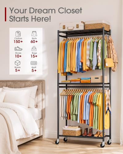 Sakugi Clothes Rack - 33.0" x 12.2" x 79.5" Clothing Rack with Shelves & Wheels, Multi-Functional Wardrobe Closet with Hooks, Sturdy Metal Garment Rack for Bedroom, Laundry, Balcony (Black) - color: Black, size: Large