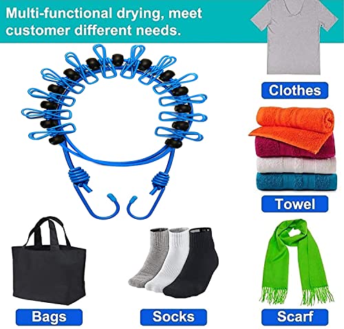 1 Pack Portable Clothesline with 12 Clothespins, Travel Clothesline Stretchy Retractable Elastic Laundry Clothes Line for Backyard, Vacation Hotel, Balcony Clothes Drying Line (Blue) - style: Blue