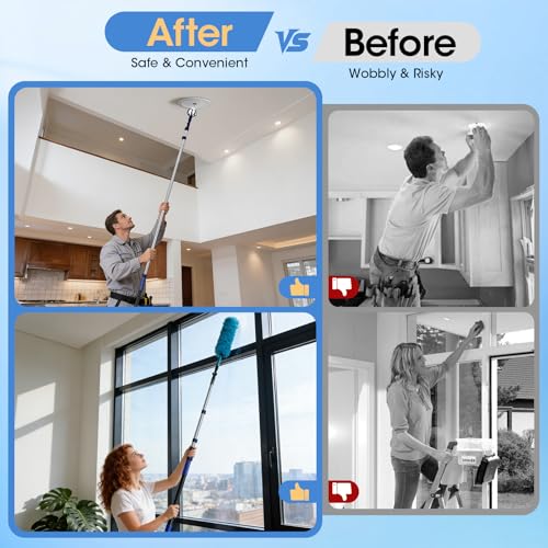 20FT Reach Light Bulb Changer for High Ceilings with 3.4-12.4FT Telescopic Extension Pole, 11PCS Reusable High Ceiling Fan Duster Kit for Recessed Lights, High Ceiling Window Cleaning