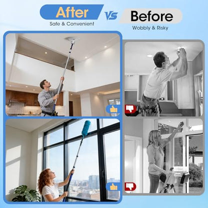 20FT Reach Light Bulb Changer for High Ceilings with 3.4-12.4FT Telescopic Extension Pole, 11PCS Reusable High Ceiling Fan Duster Kit for Recessed Lights, High Ceiling Window Cleaning