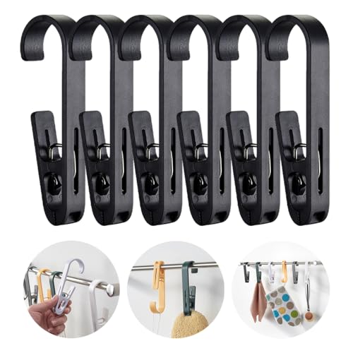 6Pcs Laundry Hooks with Clips Hanger Closet Organizer Clamps Hanging Socks Boot Bras Towels Shower Pegs for Bathroom Wardrobe Kitchen Office Holders Clothes Pins Outdoor, Black - color: Black