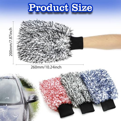 Microfiber Car Wash Mitt - 3 Pack Scratch Free Mitts with Blue, Red and Black, Machine Washable, Lint Free, 10 Inch X 8 Inch Glove