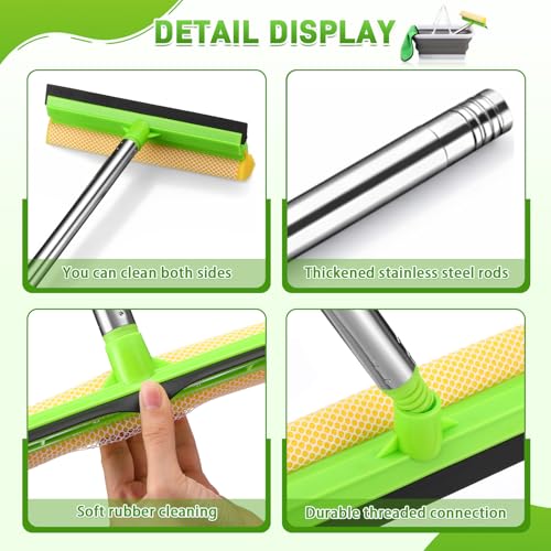 2 in 1 Car Window Squeegee and Collapsible Bucket Set with Long Handle Car Interior Glass Cleaning Tool Reusable Pads Towel Spray Bottle for Home Outdoor Office Commercial Use