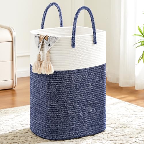 Artfeel Laundry Basket,Woven Cotton Rope Laundry Hamper,60L Versatile Storage for Dirty Clothes,Baby Toys,and Blankets in Bathroom, Nursery,and Living Room - color: Blue, size: 80L