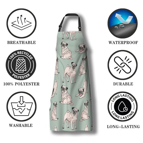 Garden Apron for Women Cute Dogs Pug Fun Aprons for Men for Kitchen Cooking Restaurant BBQ Painting Crafting Gardening 27” (W) x 31” (H), Waterproof Aprons - color: Cute Dogs Pug