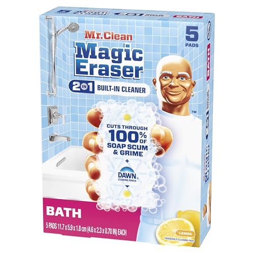 Mr. Clean Magic Eraser Sponge, Bathroom Cleaner, Shower Cleaner, Tub Cleaner, Soap Scum Remover, Bathroom Cleaning Supplies, Dawn Cleaning Power with Lemon Scent, 2 in 1 Bath, 5ct (Pack of 4) - size: 5 Count (Pack of 4), style: Original Version