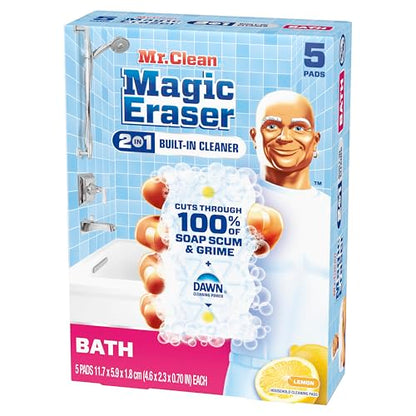 Mr. Clean Magic Eraser Sponge, Bathroom Cleaner, Shower Cleaner, Tub Cleaner, Soap Scum Remover, Bathroom Cleaning Supplies, Dawn Cleaning Power with Lemon Scent, 2 in 1 Bath, 5ct - size: 5 Count (Pack of 1), style: Original Version
