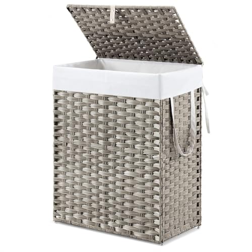 NEWBULIG Laundry Hamper with Lid, 23.8 Gallon (90L) Wicker Clothes Basket, Double Clothes Basket Organizer for Bedroom, Bathroom & Laundry Room, Grey - color: Grey, size: 23.8 Gal