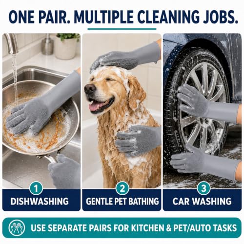 Silicone Dishwashing Gloves with Scrubber Bristles, Food-Grade Cleaning Mitts for Kitchen Dishes, Pet Grooming & Car Wash - color: Grey