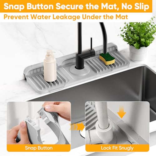 14.6 inch Faucet Mat for Kitchen Sink Splash Guard[7° Slope Fast Self-draining][Snap Lock Fit] Kitchen Sink Area Water Splash Guard Behind Faucet Draining Mat - color: Light Gray, size: 14.6" x 5.5"