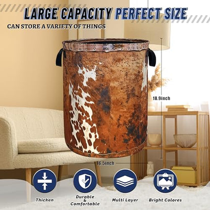 Brown Cow Skin Laundry Basket Foldable Hamper 18.9"x16.5" - color: Brown Retro Cows Skin Pattern