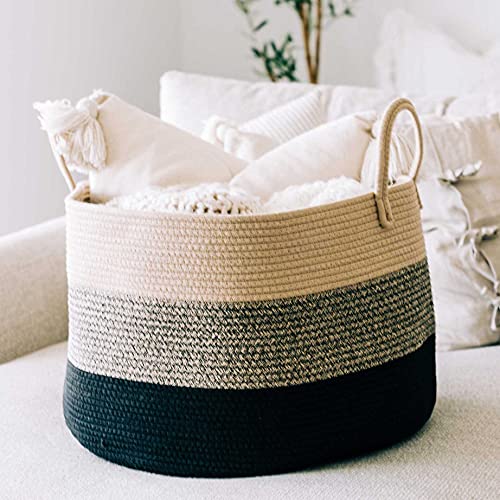 OrganiHaus Round Toy Basket & Blanket Basket, Cotton Rope 20x13" - color: 3-toned Brown, size: Wide