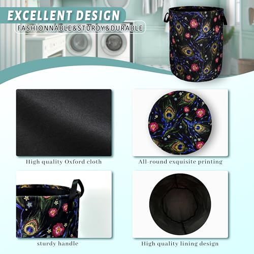 Peacock Feather Laundry Basket Foldable Oxford Cloth Hamper 18.9"x16.5" - color: Beautiful Peacock Feathers Print