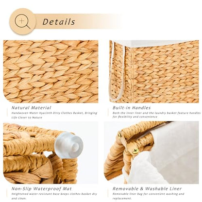 Slim Laundry Hamper with Lid, Handwoven Natural Water Hyacinth Basket - color: Natural, size: 75L