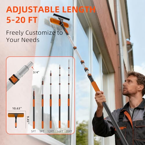 26FT High Window Cleaning Kit with Pole, 2-in-1 Window Squeegee with 5-20 FT Telescoping Extension Pole - Professional Window Washing Kit with Long Handle, Multi-Use Cleaning Tool for High Windows - size: 5-20FT