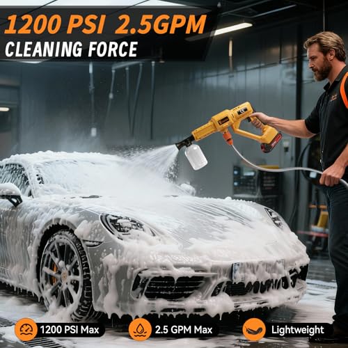 Cordless Cleaning Tool Compatible with Dewalt 20V Max Battery, Portable Handheld Vehicle Cleaner with 6-in-1 Nozzle & 16.5FT Drain Hose for Car/Fence/Patio/Deck/Bike Cleaning(Tool Only) - color: Yellow