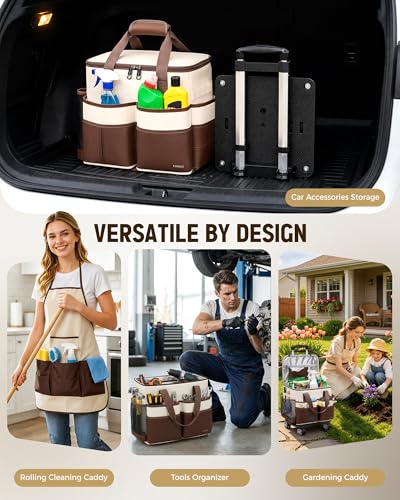 Ytonet Cleaning Caddy with 4 Spinner Wheels, Rolling Cleaning Caddy Bag - color: Beige Brown