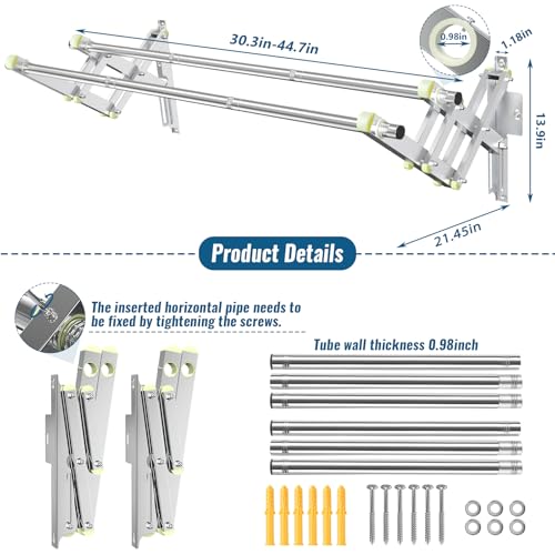 Foldable Wall Mounted Clothes Rack- Double 44'' Long Rod & 2 Thick Bases - style: 44 inches length X 2 rows