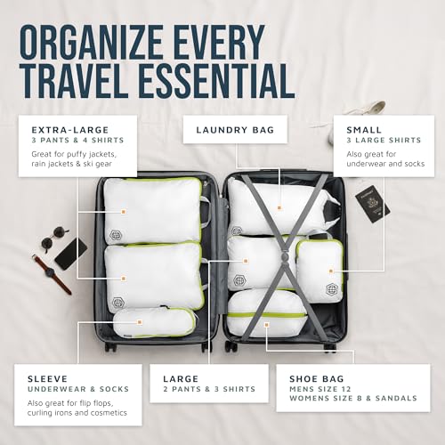 TRIPPED Travel Gear Large Compression Packing Cubes 7-Piece Set for Travel - color: White/Green