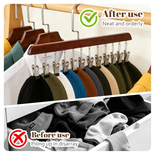 1Pack Space Saving Hanging Clothes Organizer, Wooden Pants Hanger 12-Clip - color: Vintage Colors