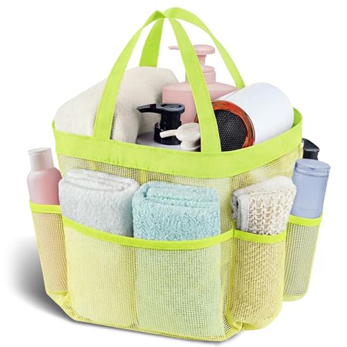 Mesh Shower Caddy Portable - 9 Pockets, Shower Bag for Dorm Room Camping - color: light yellow