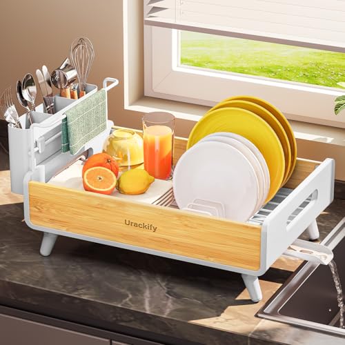 Urackify Bamboo Dish Drying Rack for Kitchen Counter, Stainless Steel,White - color: White, size: 1 Tier