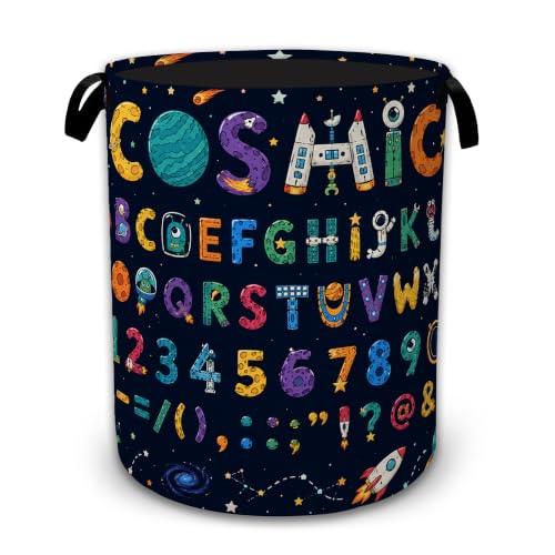 Cosmic Alphabet Space Collapsible Laundry Hamper for Bedroom, Freestanding Oxford Clothes Basket, Large Foldable Storage Bin with Easy-Carry Handles for Bathroom Dorm Laundry Room - color: Cosmic Alphabet Space