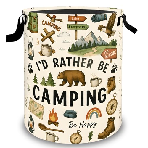 Camping Bear Laundry Basket Hamper, Organizer Bins Gifts for Women Kids, Outdoor Quote Foldable Waterproof Clothes Hamper Handles Storage Bucket for Bedroom Bathroom Room Decor 19.7"x15.7" - color: Bear