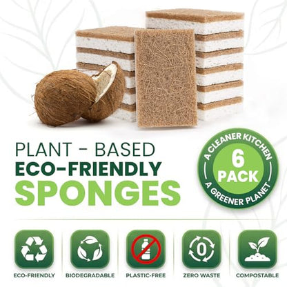 Metflavor Kitchen Sponges, 6 Count, Natural Sponge with Coconut Scrubber - color: Brown, size: 6 Pack